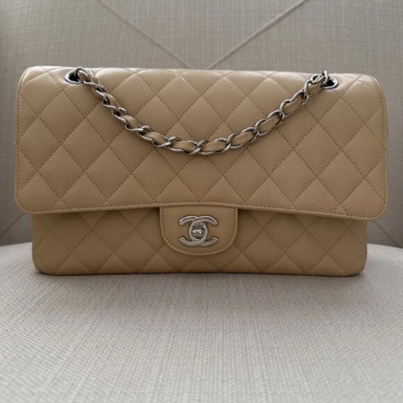 Chanel Medium Classic Double Flap Beige Caviar Bag Authentic Pre-Owned - Picture 1 of 10